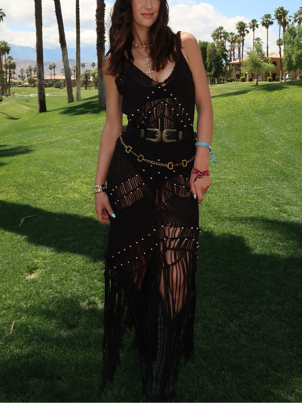 Black Crochet Fringe Maxi Dress with Gold Beaded Details